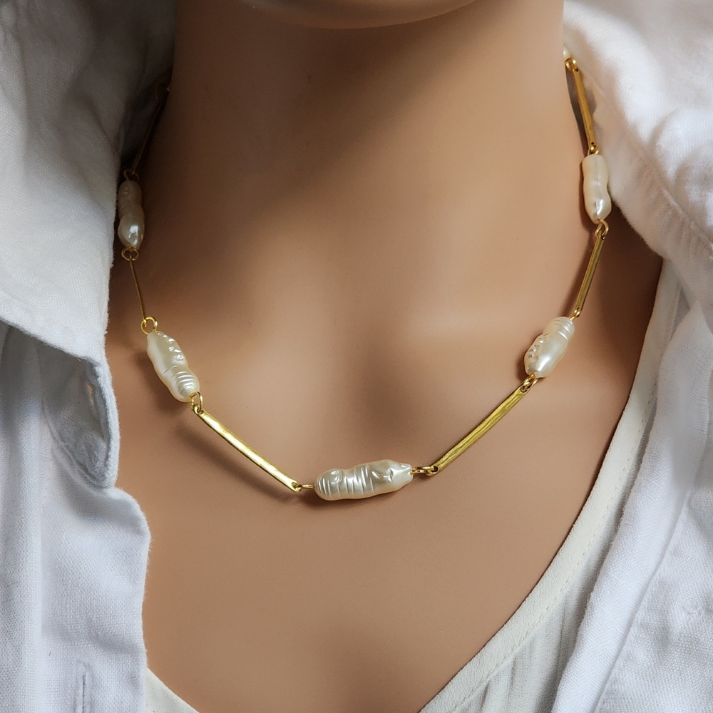 ZARA Jewelry Unique Necklace Faux Baroque Pearls Gold Bar Unique Chain